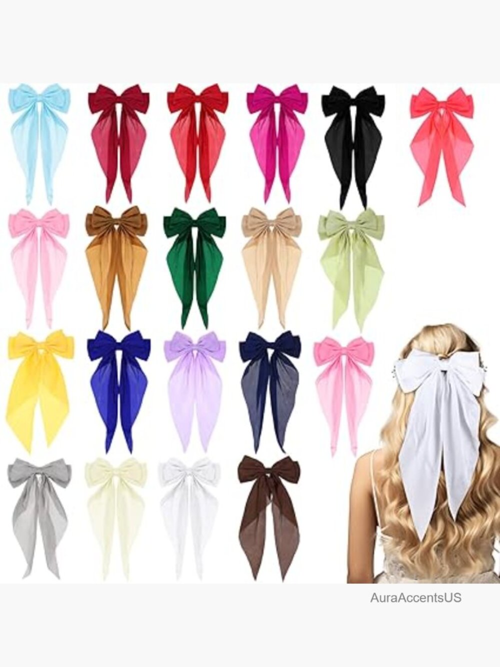 20 Pcs Big Satin Hair Bows with Long Tails, French Clamp Clips for Women & Girls